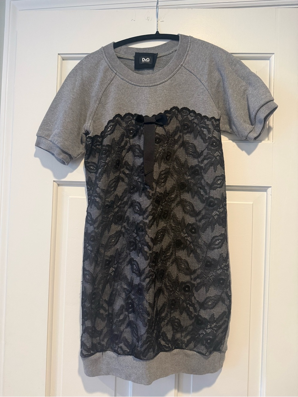 D&G Gray Knit Dress with Black Lace Front and Bow